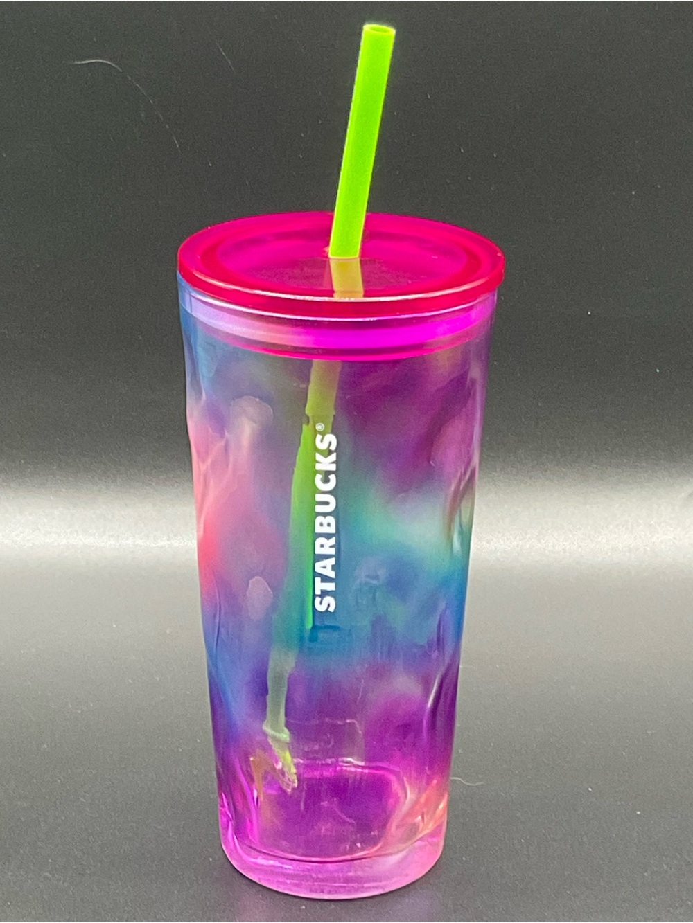 Starbucks 2024 Retired 16 oz Rainbow Glass Tumbler Pink Lid Green Straw tie dye